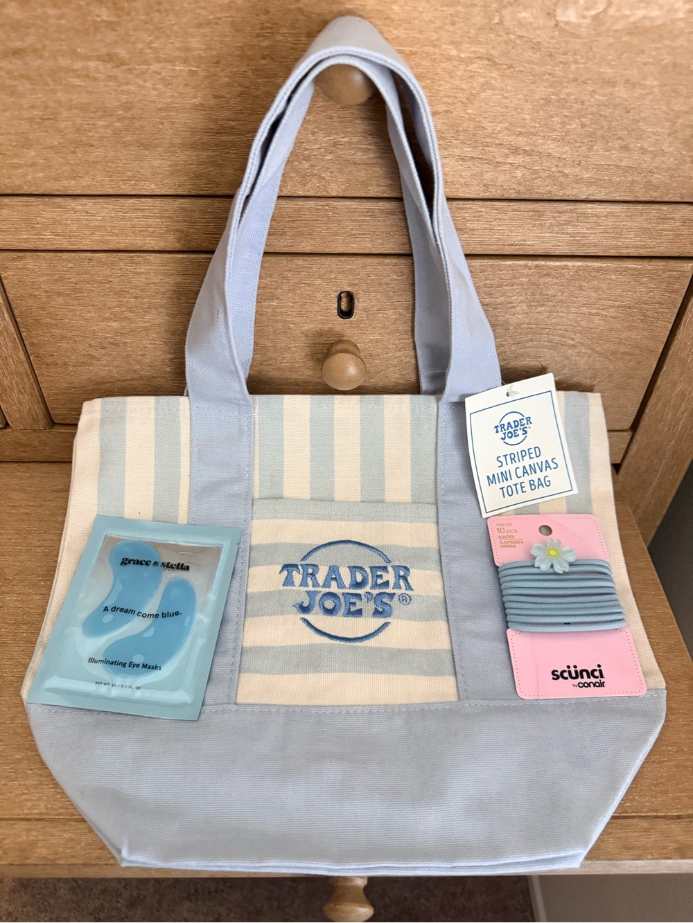 Trader Joe's Striped Mini Canvas Tote Bag - Light Blue & Cream with goodies